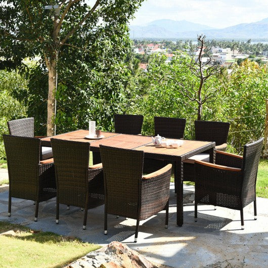 9 pcs Patio Rattan Dining Set 8 Chairs Cushioned Acacia Table Top