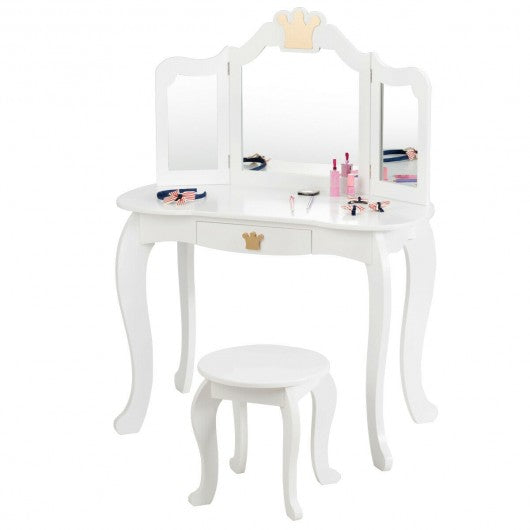 Kids Makeup Dressing Table with Tri-folding Mirror & Stool