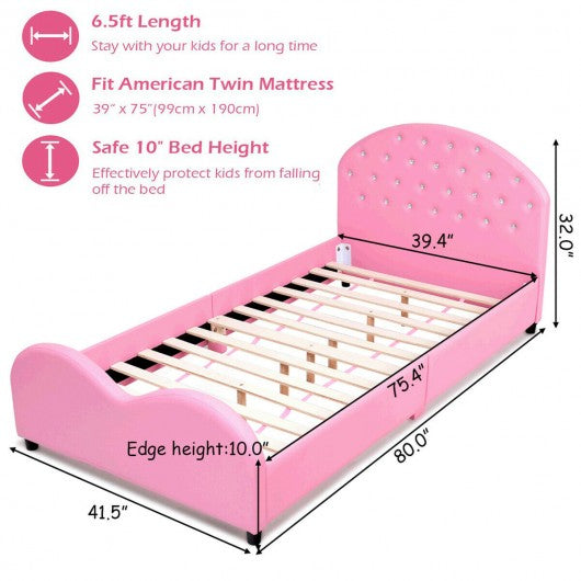 Kids Children PU Upholstered Platform Wooden Princess Bed