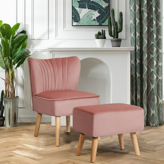 Leisure Chair and Ottoman Padded Velvet Tufted Sofa Set -Pink