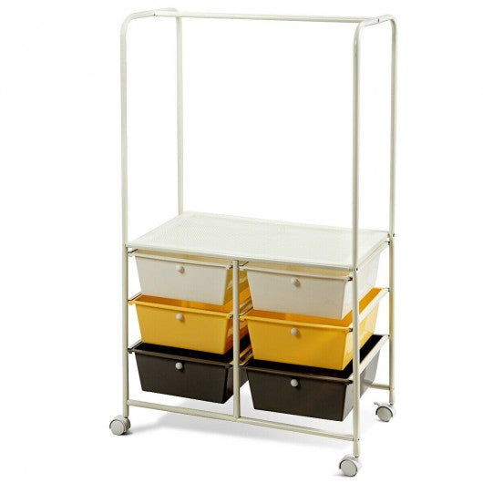 6 Drawer Rolling Storage Cart with Hanging Bar