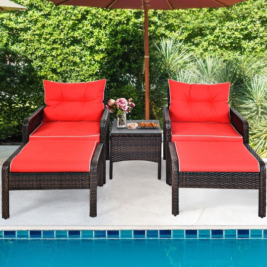 5 pcs Patio Rattan Sofa Ottoman Furniture Set w/ Cushions-Red