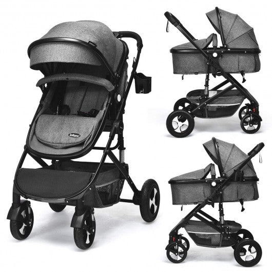  2 in 1 High Landscape Convertible Reversible Bassinet Pram-Gray