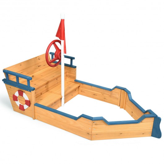 Wooden Pirate Boat Wood Sandbox for Kids