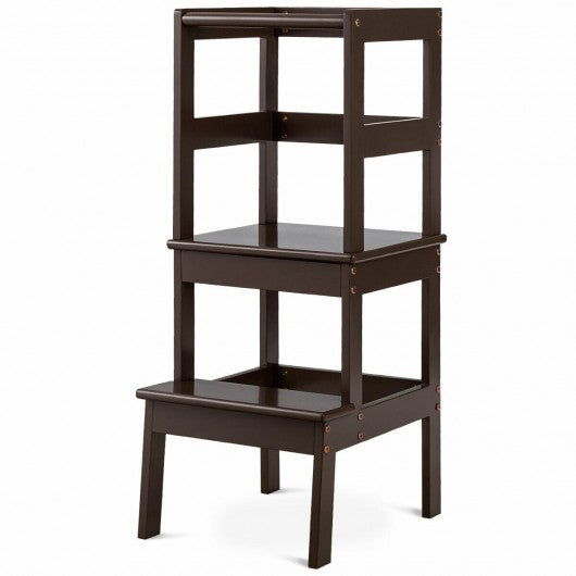 Wooden Kids Kitchen Learning Toddler Tower w/ Safety Rail
