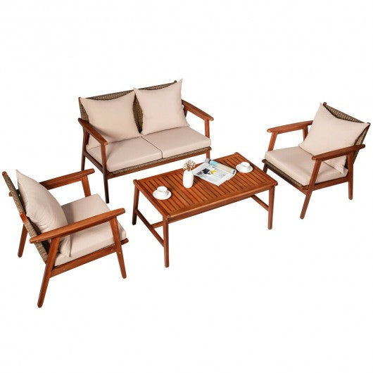 4PCS  Acacia Wood Patio Rattan Furniture Set