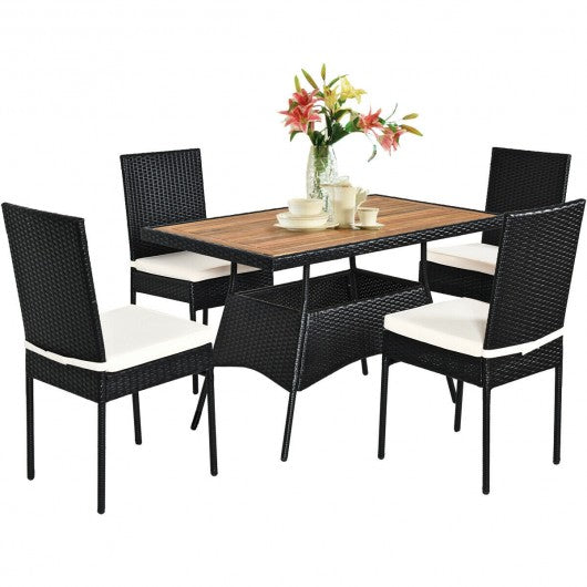 5 PCS Patio Rattan Dining Set Table with Wooden Top