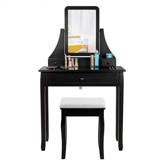 Square Mirrored Vanity Dressing Table Set with 3 Storage Boxes-Black