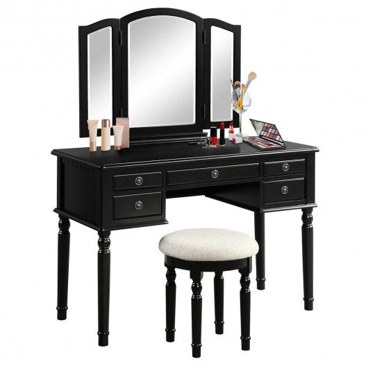 Tri-Fold Mirror Table Stool Wooden Vanity Make Up Dressing Set