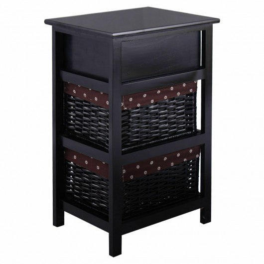 3 Tier Set of 2 Wood Nightstand with 1 & 2 Drawer