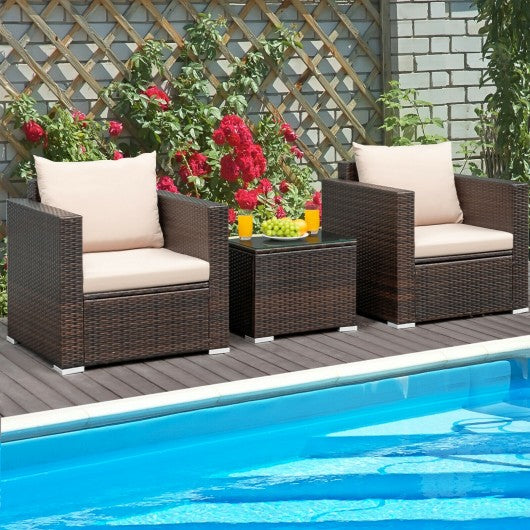 3Pcs Patio Conversation Rattan Furniture Set w/Cushion