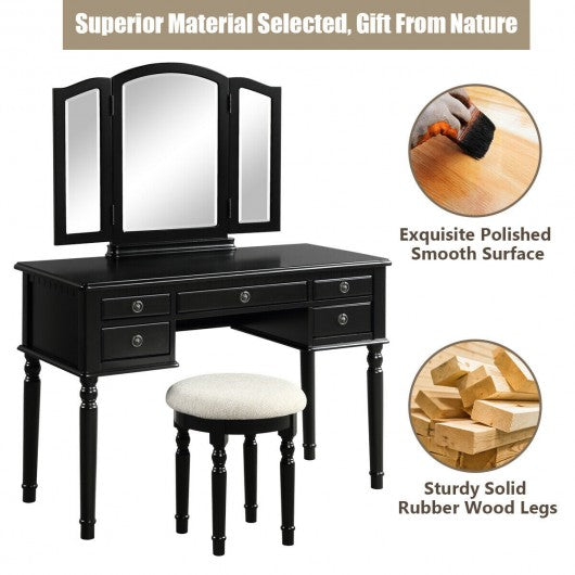 Tri-Fold Mirror Table Stool Wooden Vanity Make Up Dressing Set