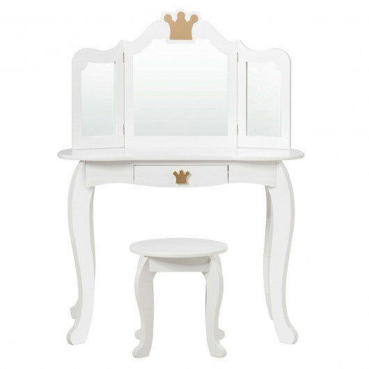 Kids Makeup Dressing Table with Tri-folding Mirror & Stool