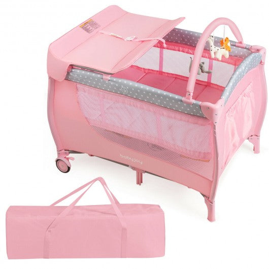 Foldable Baby Playard with Changing Station-Pink