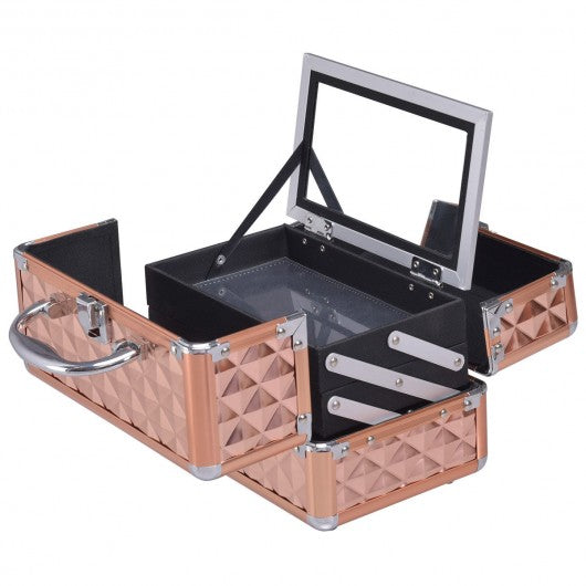 Beauty Cosmetic Makeup Case with Mirror & Extendable Trays-Golden