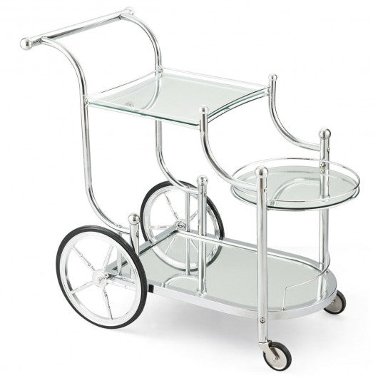 Kitchen Glass Shelves Metal Frame Serving Rolling Cart