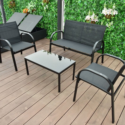 4 pcs Patio Furniture Set with Glass Top Coffee Table