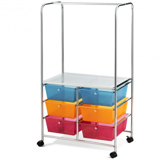 6 Drawer Rolling Storage Cart with Hanging Bar