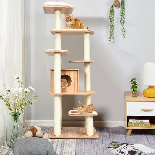 Wood Multi-Layer Platform Cat Tree with Scratch Resistant Rope
