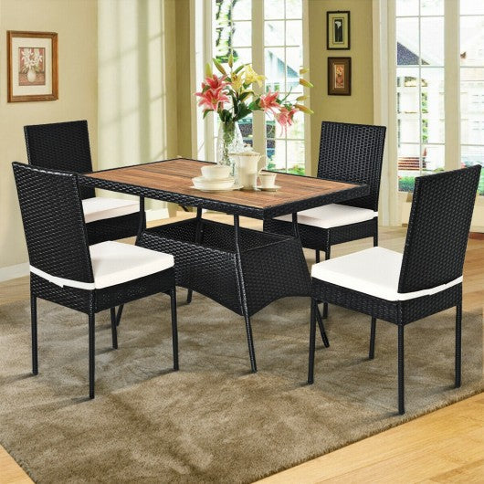 5 PCS Patio Rattan Dining Set Table with Wooden Top