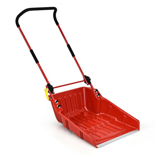 Folding Snow Pusher Scoop Shovel with Wheels and Handle