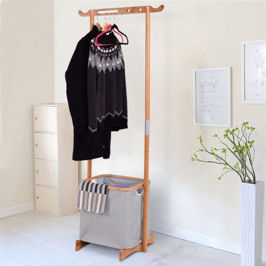 Bamboo Laundry Hamper Garment Hanger Storage Rack