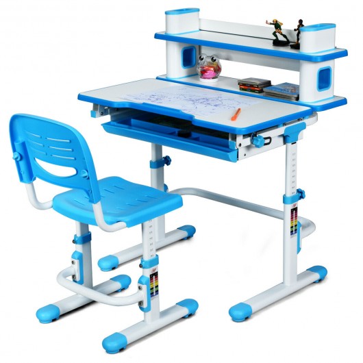 Adjustable Kids Desk and Chair Set with Bookshelf and Tilted Desktop-Blue