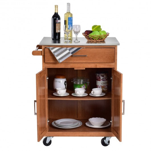 Wooden Kitchen Rolling Storage Cabinet with Stainless Steel Top
