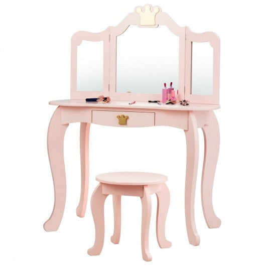 Kids Makeup Dressing Table with Tri-folding Mirror & Stool
