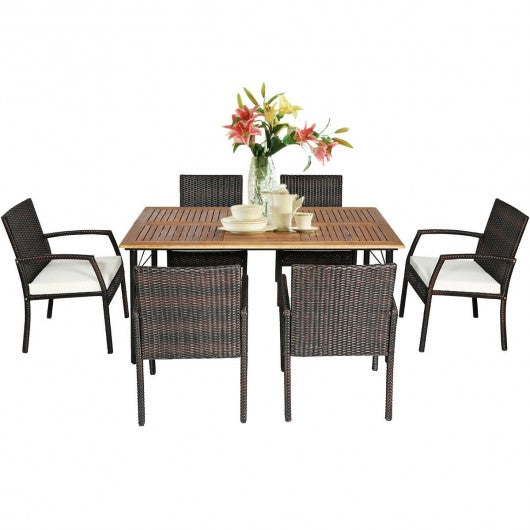 7PCS Patio Rattan Cushioned Dining Set with Umbrella Hole