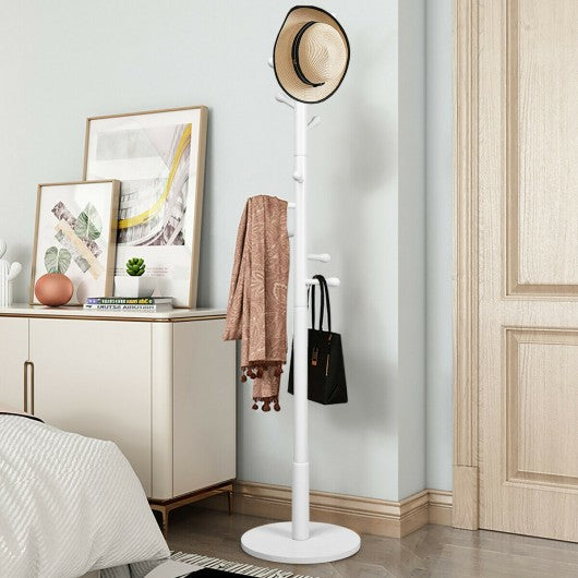 Wooden Coat Rack Stand Entryway Hall Tree 2 Adjustable Height w/ 10 Hooks
