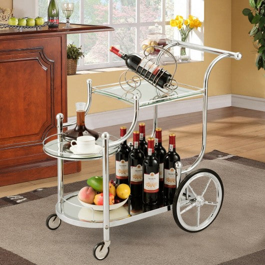 Kitchen Glass Shelves Metal Frame Serving Rolling Cart