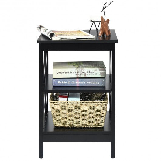 3-Tier Nightstand End Table with X Design Storage