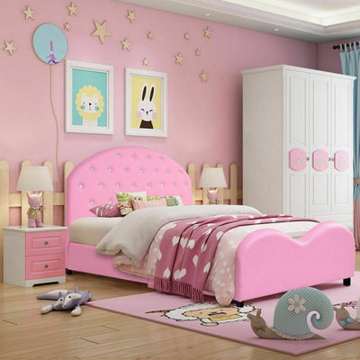 Kids Children PU Upholstered Platform Wooden Princess Bed