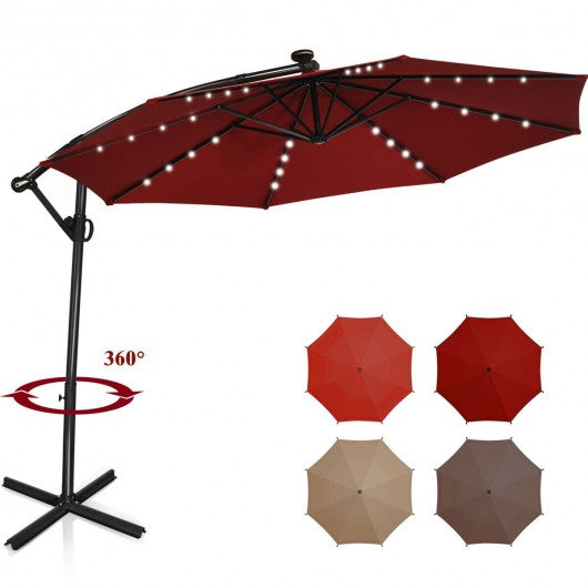 10 ft 360Â° Rotation Solar Powered LED Patio Offset Umbrella without Weight Base-Burgundy