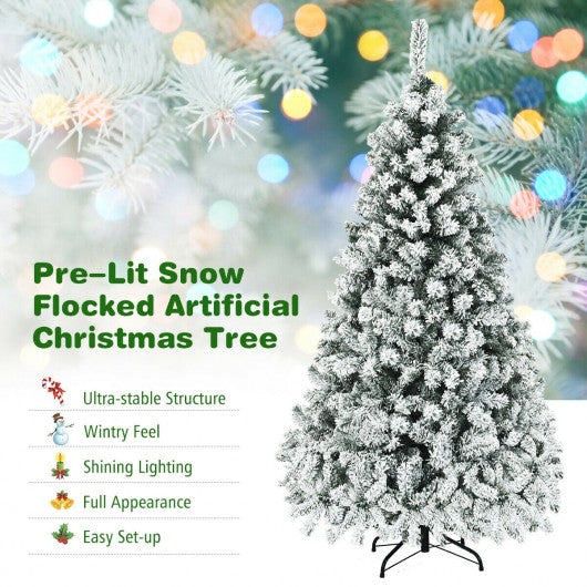 PreLit Premium Snow Flocked Hinged Artificial Christmas Tree