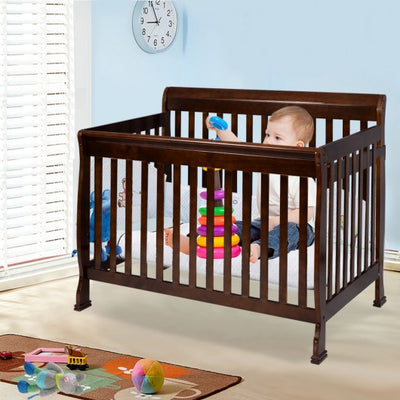 Coffee Pine Wood Baby Toddler Bed Convertible Crib