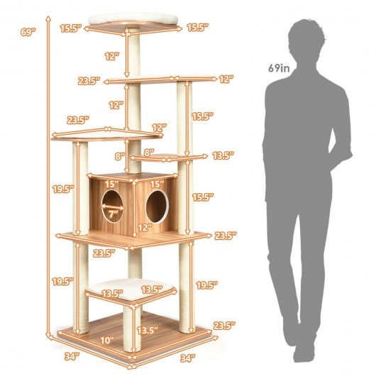Wood Multi-Layer Platform Cat Tree with Scratch Resistant Rope
