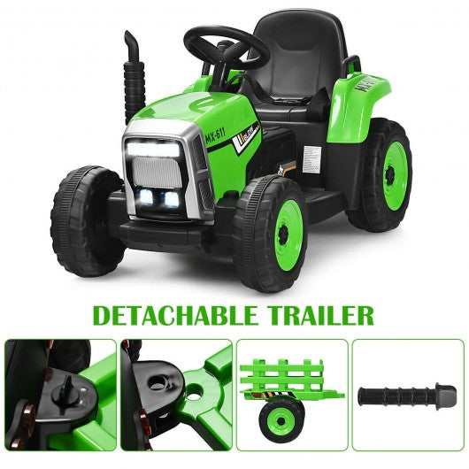 12V Kids Ride On Tractor with Trailer Ground Loader-Green