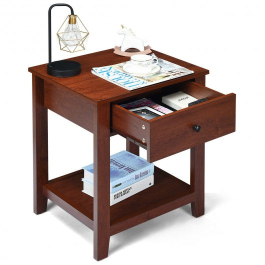 Night Stand End Side Table with Drawer and Storage Shelf