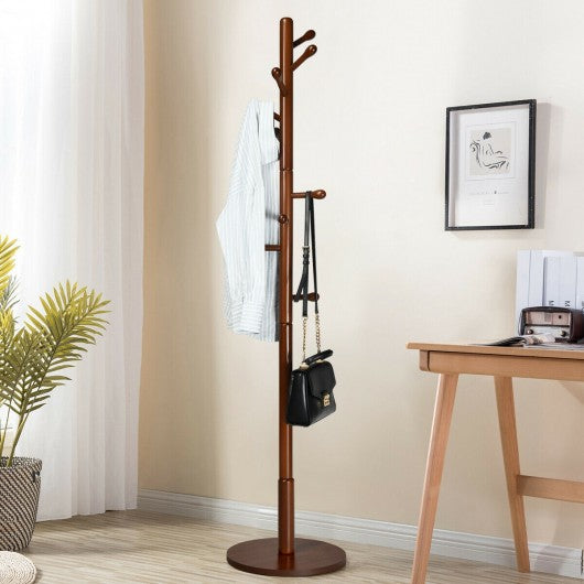 Wooden Coat Rack Stand Entryway Hall Tree 2 Adjustable Height w/ 10 Hooks-Brown