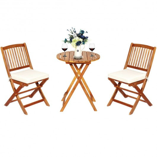 3PCS Patio Folding Wooden Bistro Set Cushioned Chair
