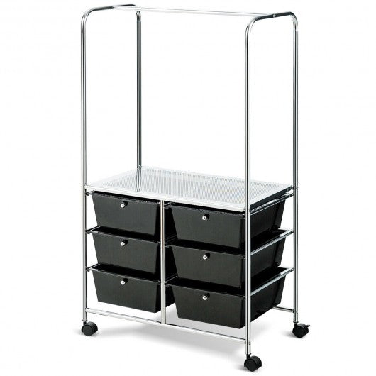 6 Drawer Rolling Storage Cart with Hanging Bar
