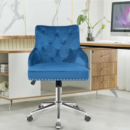 Tufted Upholstered Swivel Computer Desk Chair with Nailed Tri-Blue