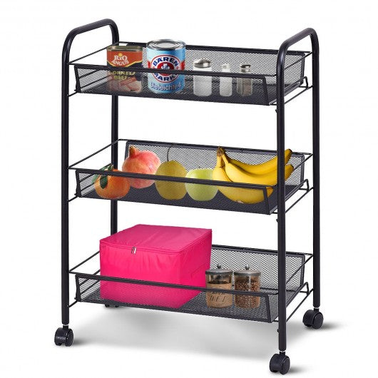 Black/Gray 3 Tier Storage Rack Trolley Cart-Black