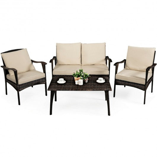 4PCS Patio Rattan Wicker Furniture Set Cushioned Sofa Couch