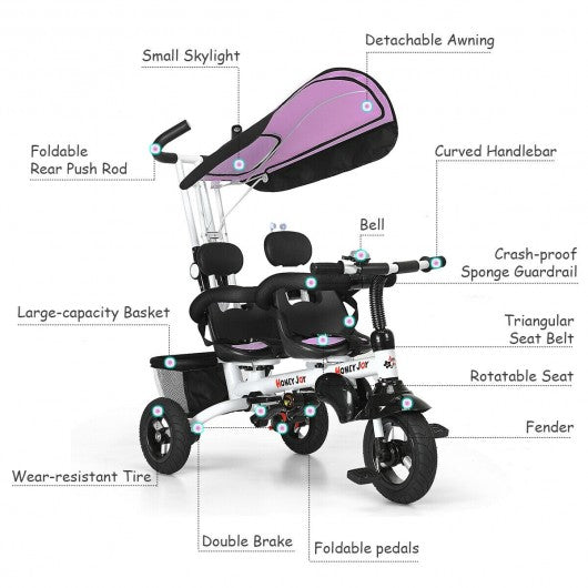 Twins Kids Baby Tricycle With Safety Double Rotatable Seat