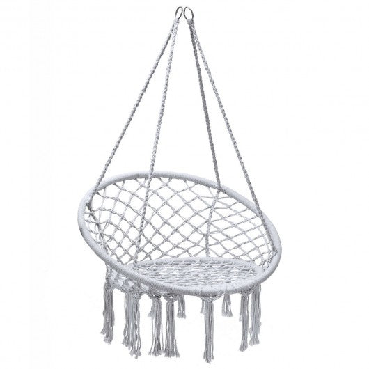 Hanging Macrame Hammock Chair with Handwoven Cotton Backrest-White