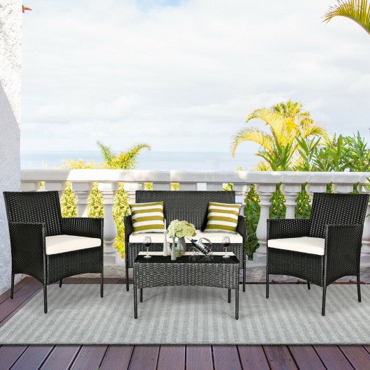 4PCS Patio Rattan Cushioned Sofa Furniture Set 