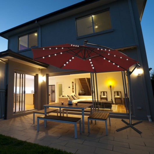 10 ft 360Â° Rotation Solar Powered LED Patio Offset Umbrella without Weight Base-Burgundy
